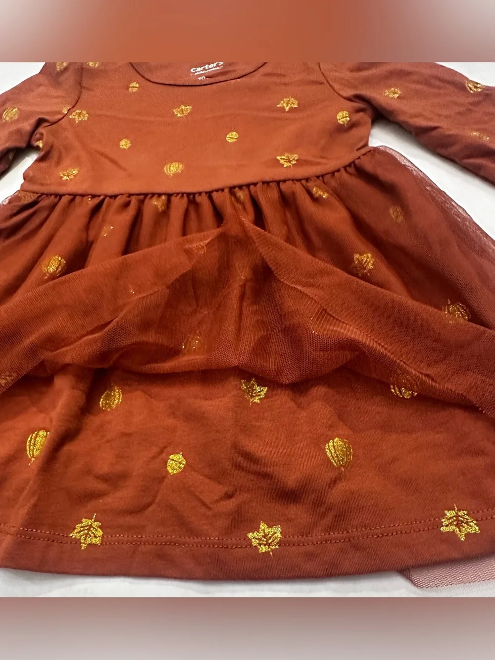 Carter's Girls Long Sleeve Brown Fall Dress with Gold Leaf Print Size 18 Months